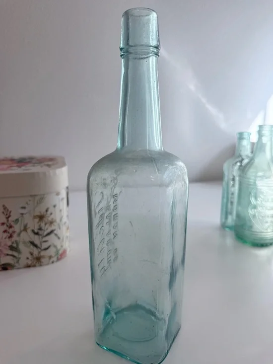 Antique Embossed Aqua Glass Bottle - Salad Oil - Picture 5 of 6